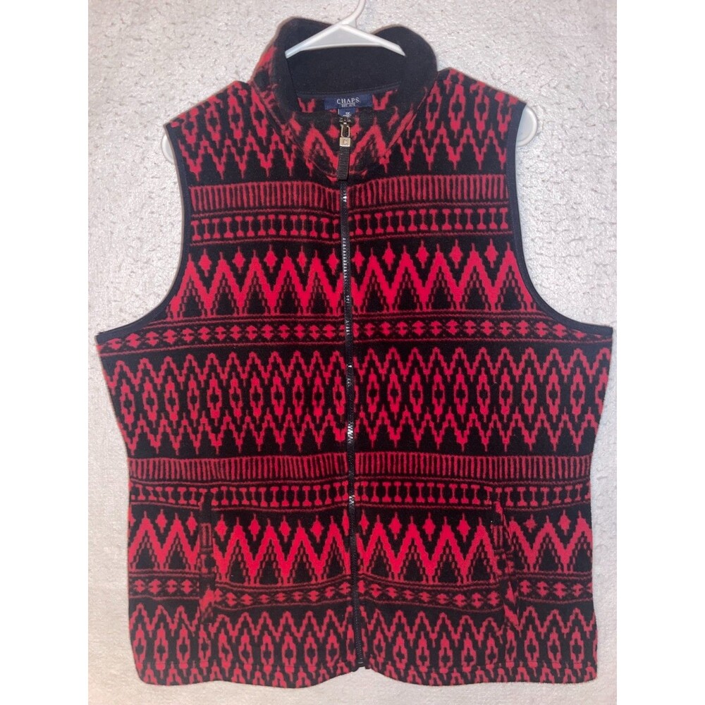 Chaps Ralph Lauren Red Fleece Vest Womens 1X Fair Isle Aztec Pockets Full Zip